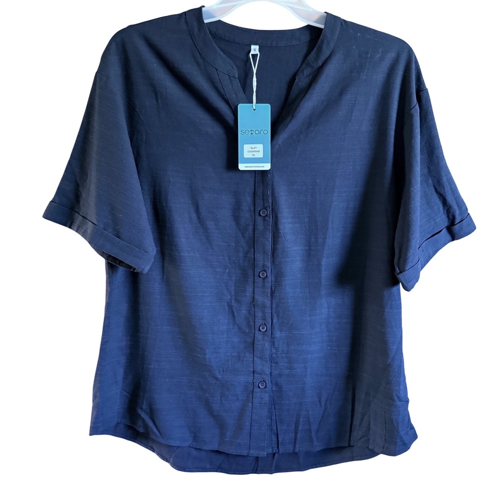 NEW Women Size XLarge Black 100% Cotton Linen-Like Short Sleeve Button Shirt - Picture 2 of 10